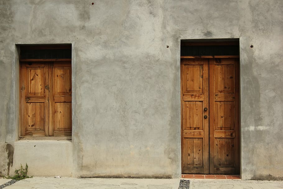 closed brown wooden door and window, outside, building, home HD wallpaper