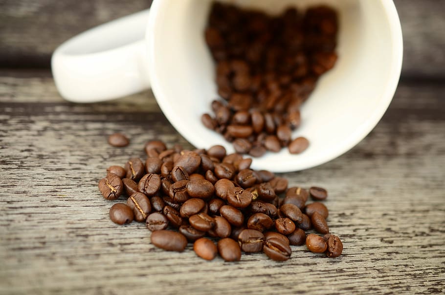 brown coffee beans, cup, roasted, aroma, coffee cup, caffeine HD wallpaper