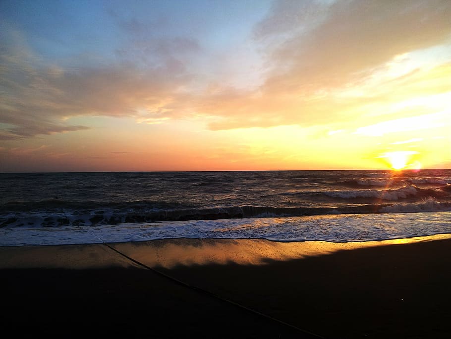 sunset, sea, beach, horizon, sky, landscape, italy, tuscany HD wallpaper
