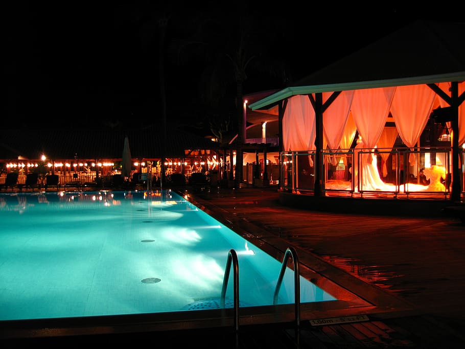 bar, water, pool, night, illuminated, reflection, built structure, HD wallpaper