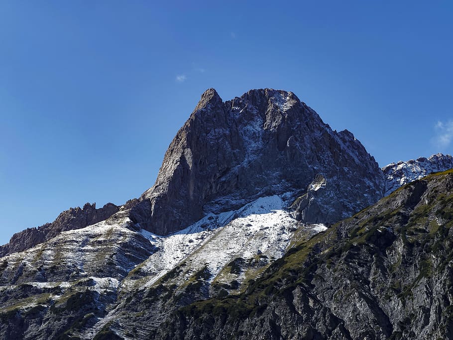 summit, mountain, massif, roc, snowy, austria, karwendel, lamsenspitze HD wallpaper