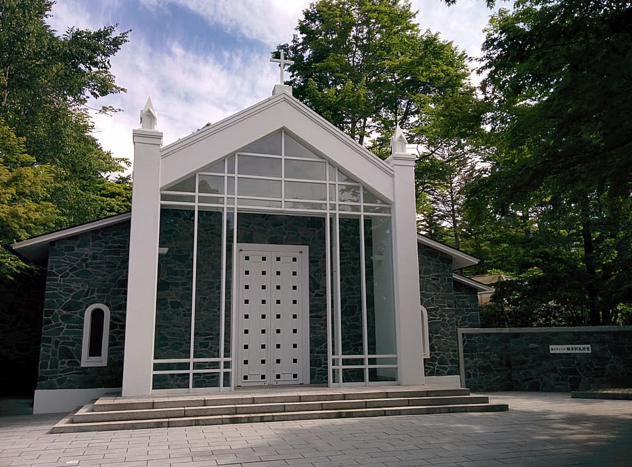 karuizawa, nagano, chapel, forest, architecture, religion, cross, HD wallpaper