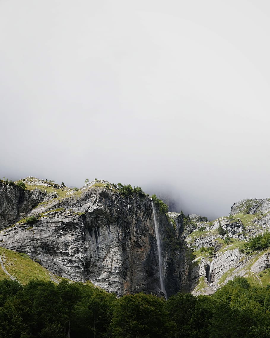 mountains covered with green trees under cloudy sky during daytime, waterfalls on rocky cliff HD wallpaper