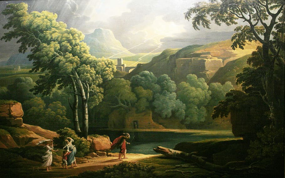 three people beside lake surrounded by green trees painting, george barret, HD wallpaper