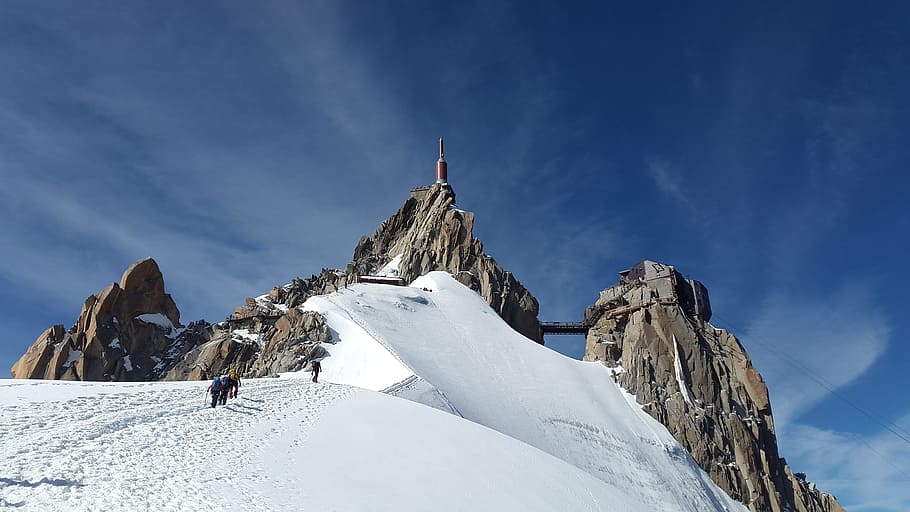 person walking on snow covered field during daytime, aiguille du midi
