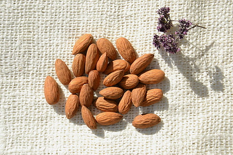 brown peanuts on white paper, almond, kernel, products, healthy foods HD wallpaper