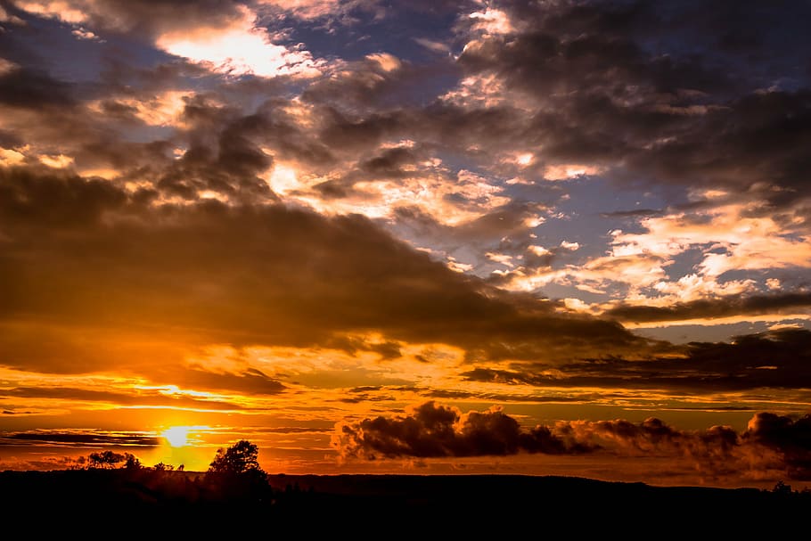 silhouette of trees and clouds, sunset, sky, wolkenspiel, abendstimmung HD wallpaper