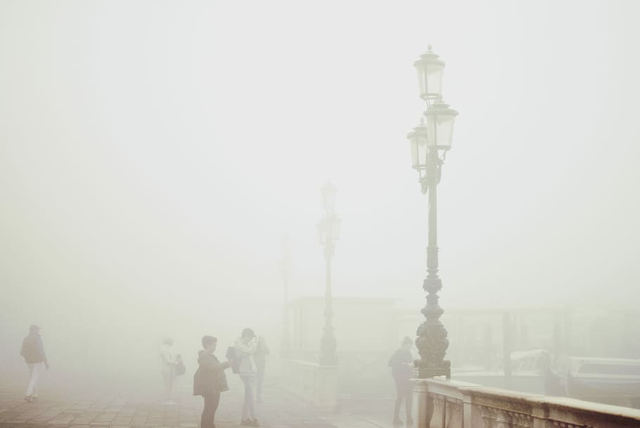 photo of children standing on concrete roa, silhouette photography of group of people at park covered with mist HD wallpaper