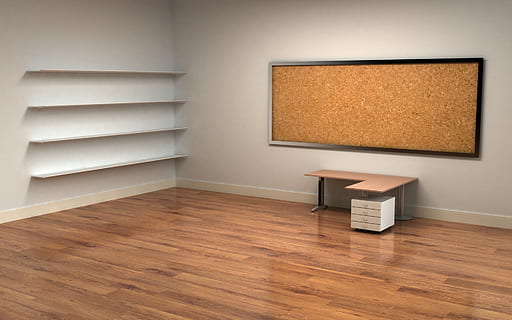 brown cork board with frame mounted on gray wall, office, table HD wallpaper