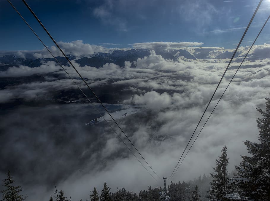 Mountain, Clouds, Landscape, Fog, Sky, forest, blue, alpine HD wallpaper