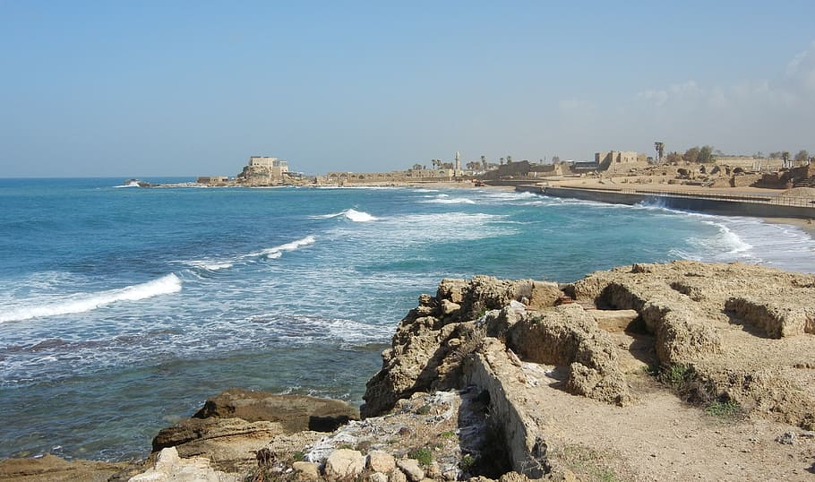 high angle photo of seashore, caesarea, israel, port, roman, ocean, HD wallpaper