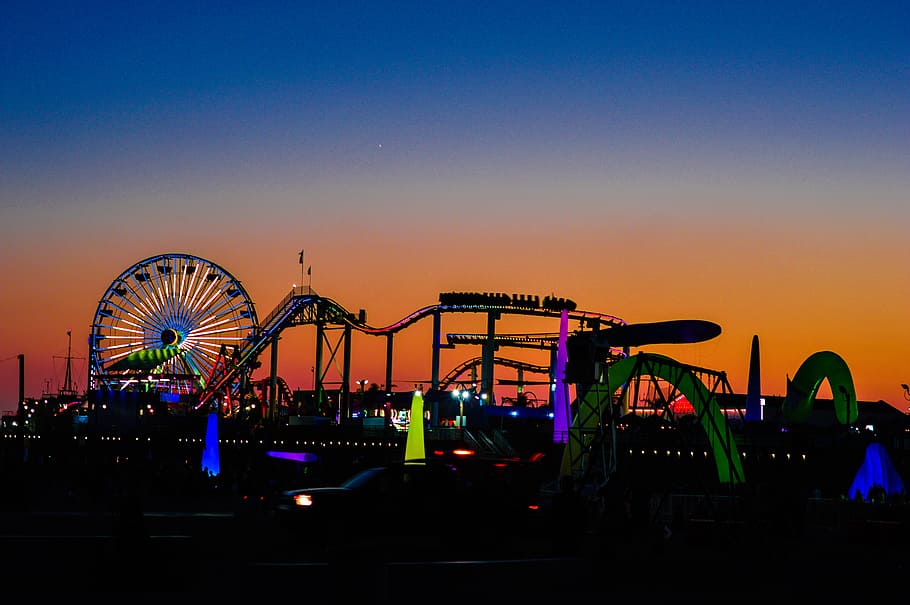 Sunset, santamonicapier, ferriswheel, rollercoaster, amusement, HD wallpaper