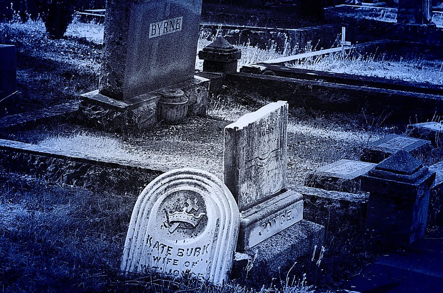 grayscale photo of tombstone, head stone, grave, cemetery, broken.