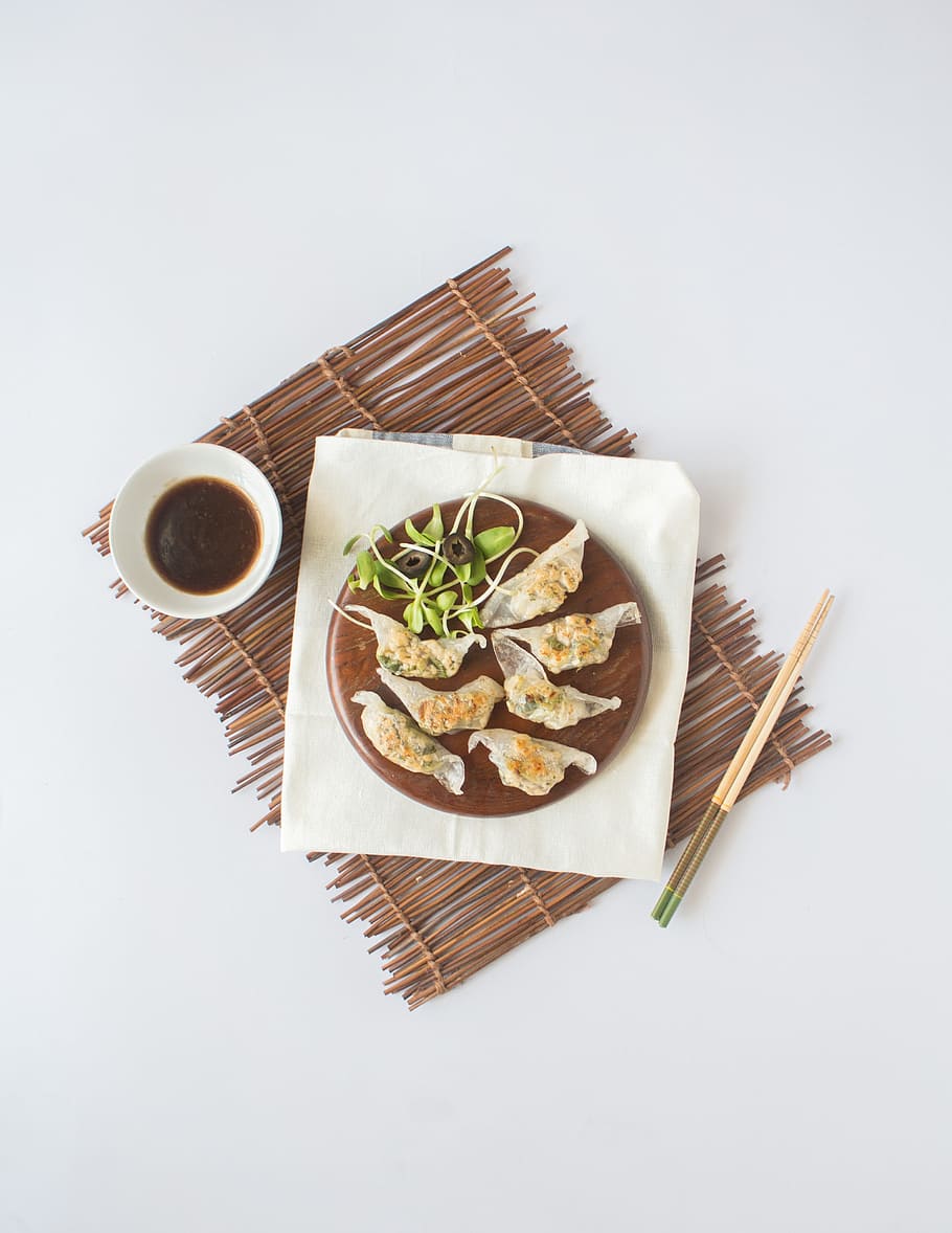 cooked dish with green vegetables and sauce, asian, dumpling HD wallpaper