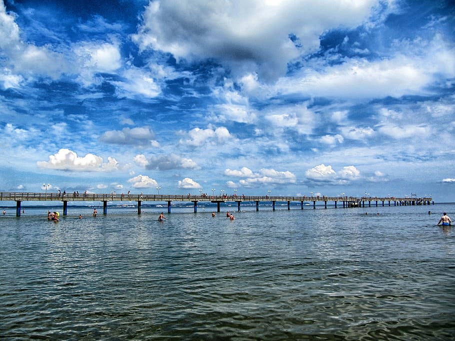people in body of water near wooden dock, binz, germany, pier HD wallpaper