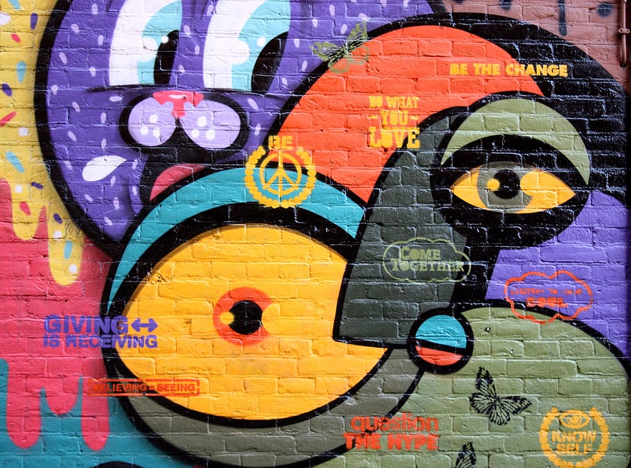 colour, figures, wall, brick, alley, road, multi colored, creativity HD wallpaper
