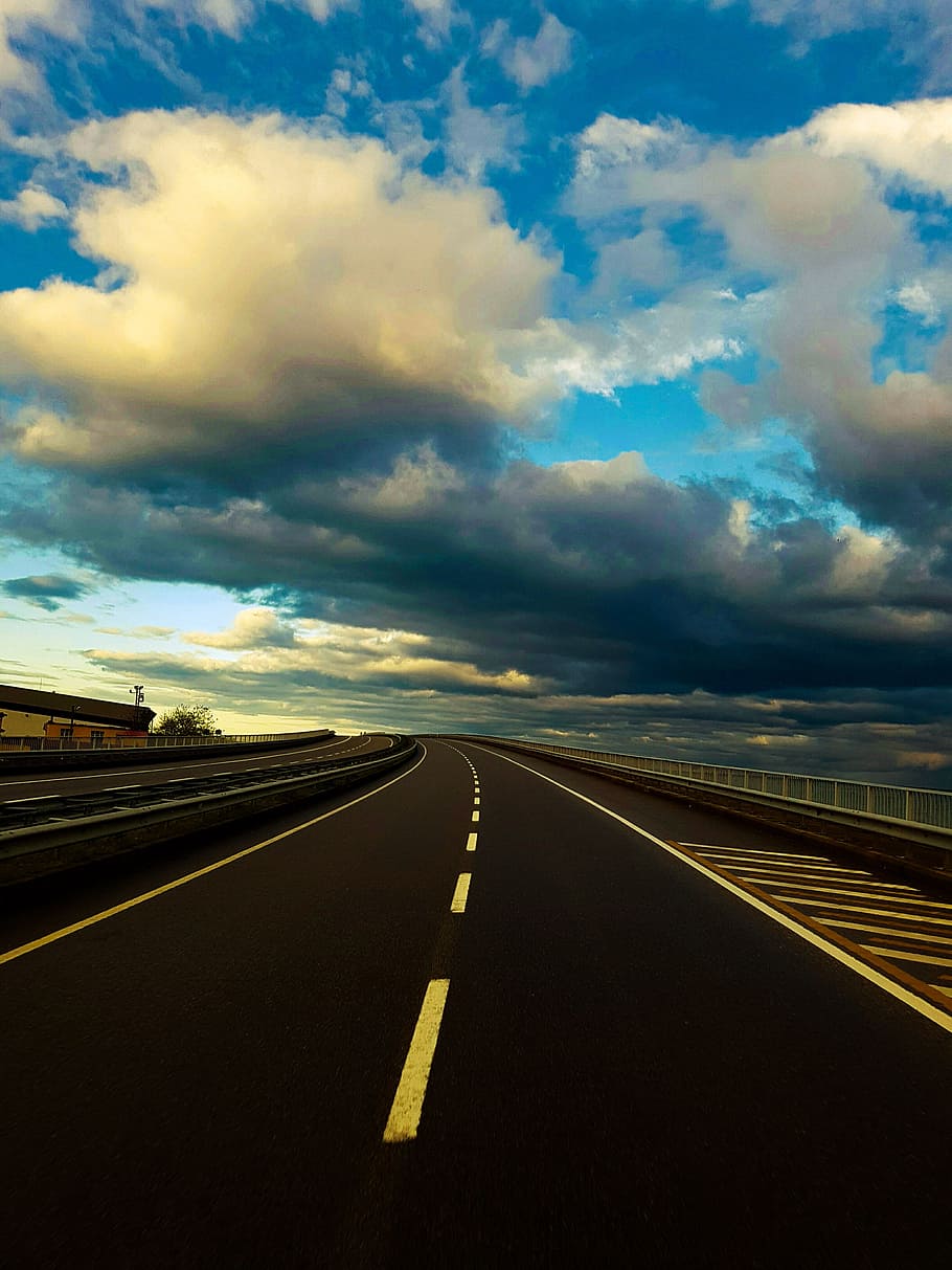 road, sunset, clouds, street, asphalt, guidance, highway, long HD wallpaper