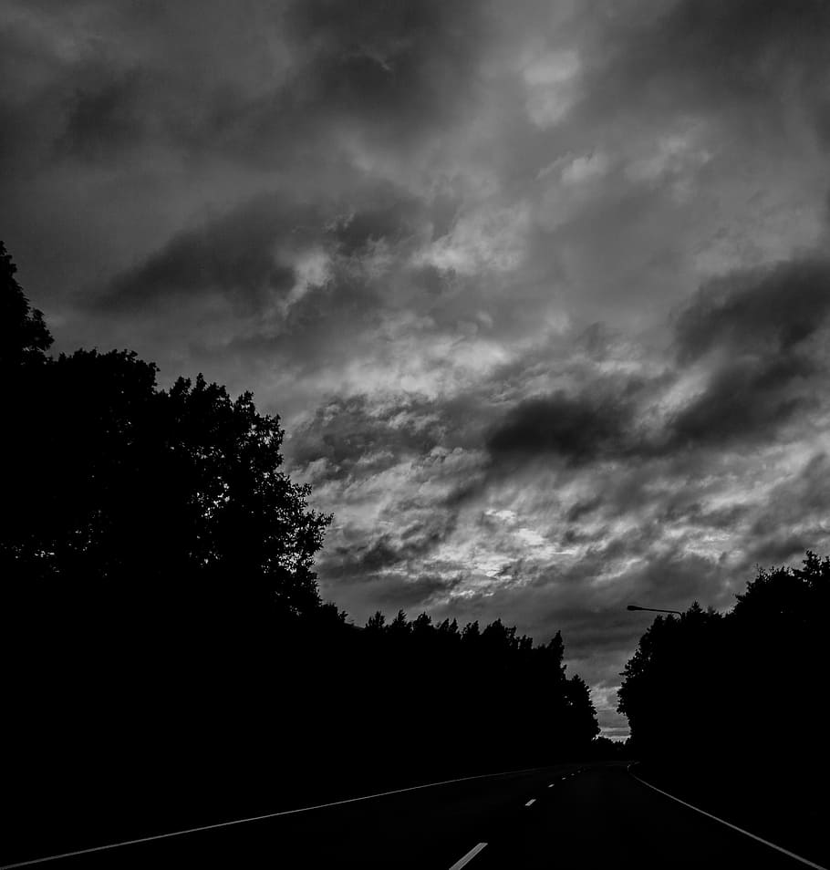 Road, Black And White, Evening, Dark, sky, rainy, nature, cloud - Sky