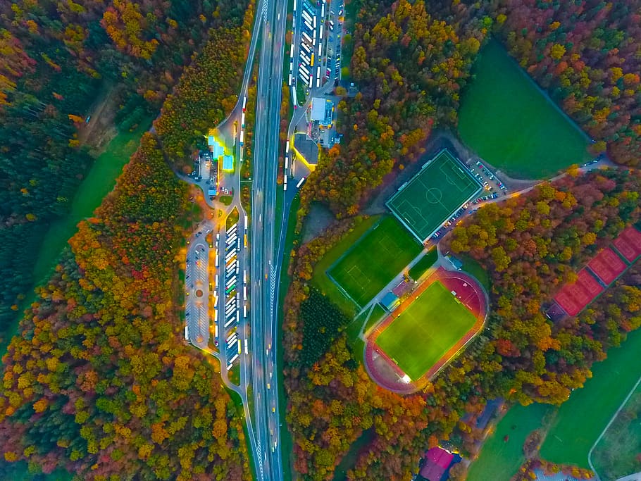 aerial photo of trees and sports field, birds, eye, road, view HD wallpaper