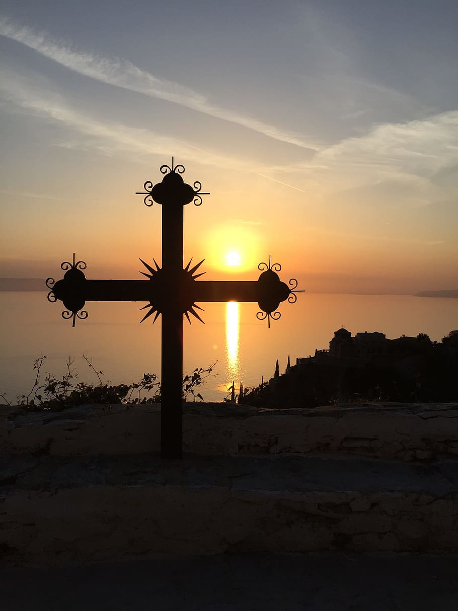 Greece, Athos, Sunset, cross, silhouette, christianity, religion, HD wallpaper