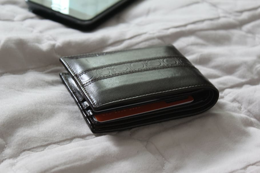 black leather bi-fold wallet on bed, gift, furniture, indoors HD wallpaper