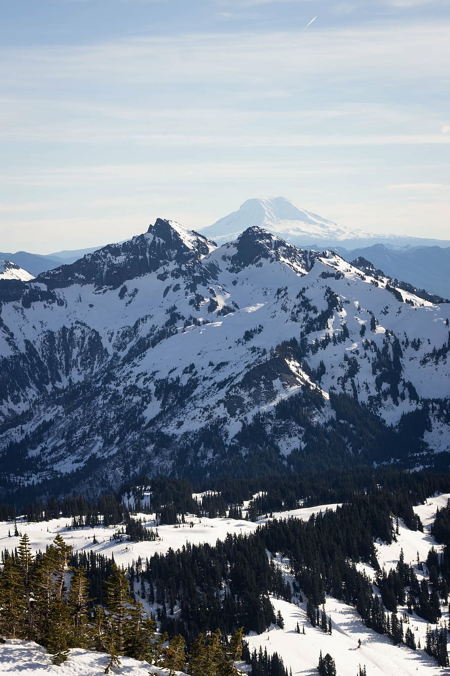 mountains, peaks, cliffs, snow, sunshine, sunny, trees, nature HD wallpaper