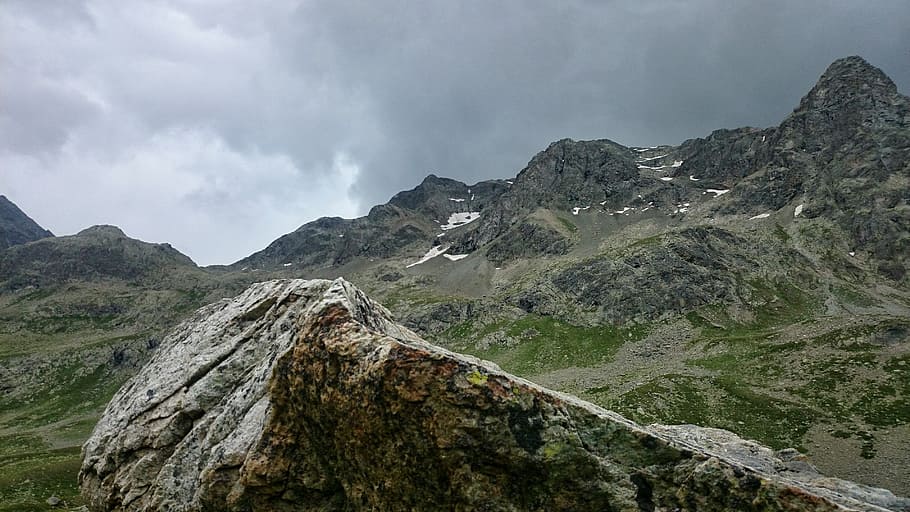 cloudy, rocks, mountains, mountain trekking, the alps, switzerland HD wallpaper