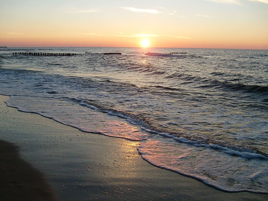 beach, west, sun, apartment, sea, nature, summer, sunset, water HD wallpaper