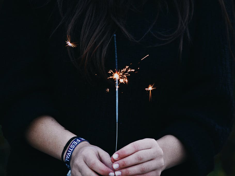 woman holding sparkler, dark, firecracker, hands, burning, night HD wallpaper
