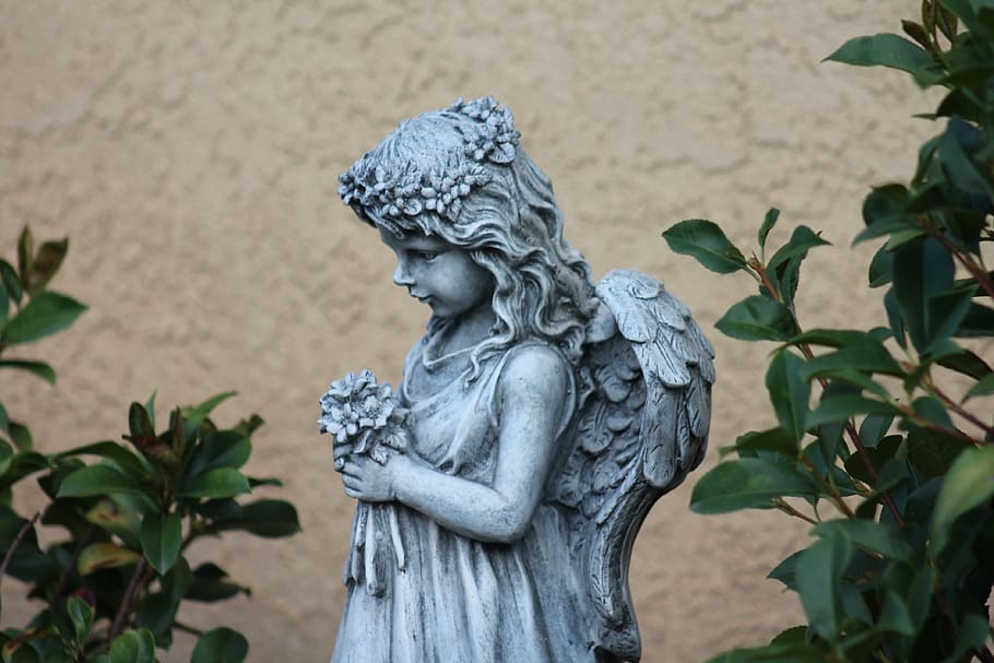 angel, garden art, sculpture, statue, stone, religious, cupid, HD wallpaper