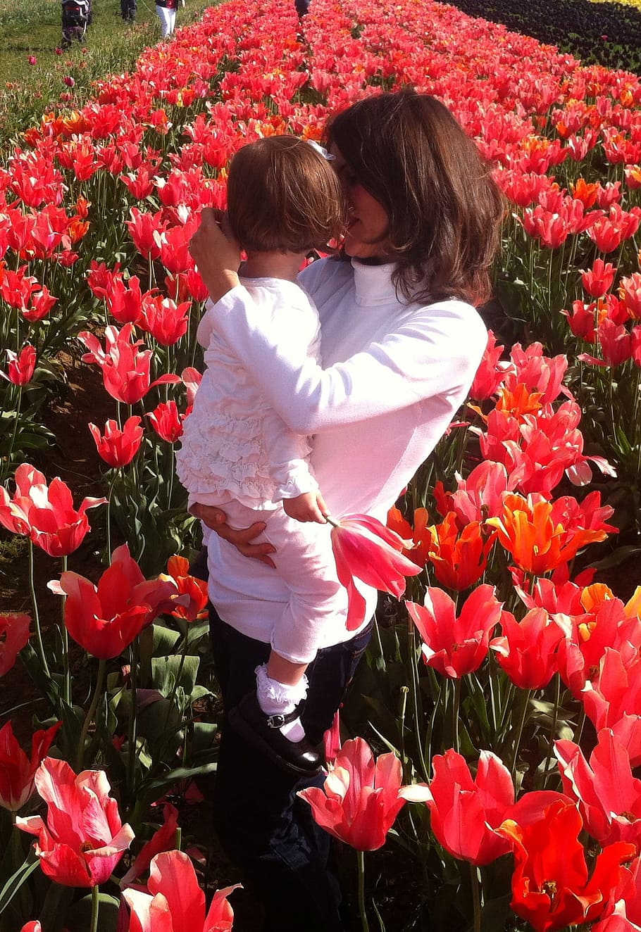 Mother, Child, Flowers, Tulips, Daughter, baby, toddler, farm, HD wallpaper