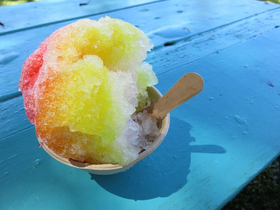 shaved ice on bowl, snow cone, food, summer, refreshment, flavor, HD wallpaper