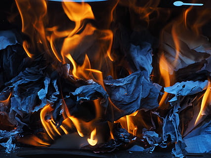 orange and blue flame graphic, fire, combustion, ash, paper combustion HD wallpaper
