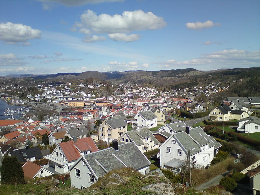 egersund, norway, town, landscape, sky, clouds, buildings, house, HD wallpaper