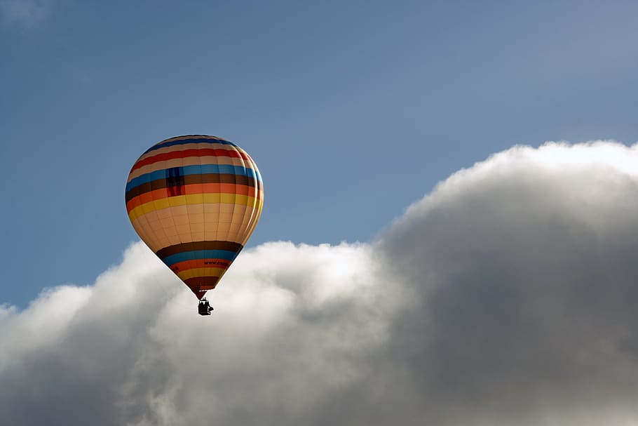 air balloon near clouds, hot air baloon, sky, transportation, HD wallpaper