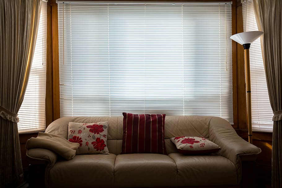brown leather 3-seat sofa near windows, chair, couch, cushions HD wallpaper