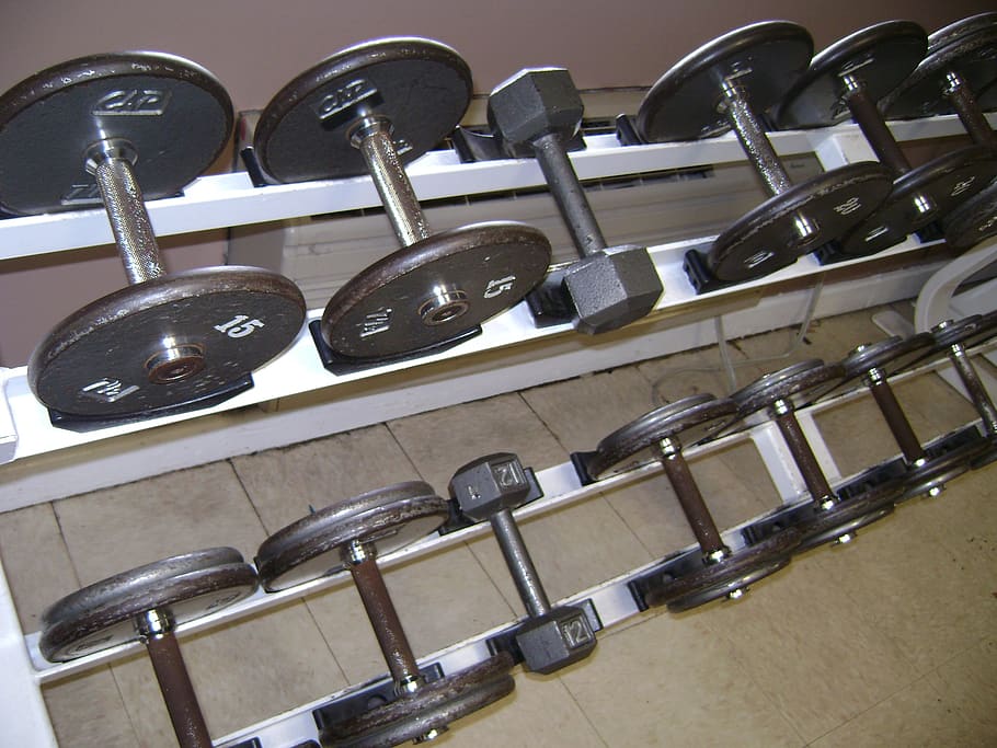 weights, dumb bells, gym, indoors, large group of objects, metal, HD wallpaper