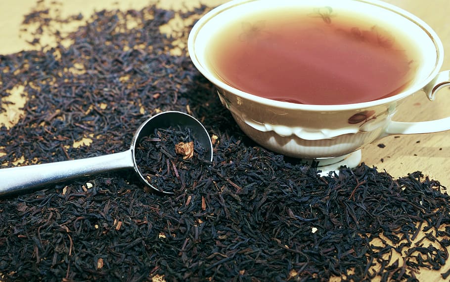 white ceramic teacup beside gray scoop, tee, fruit tea, granules HD wallpaper