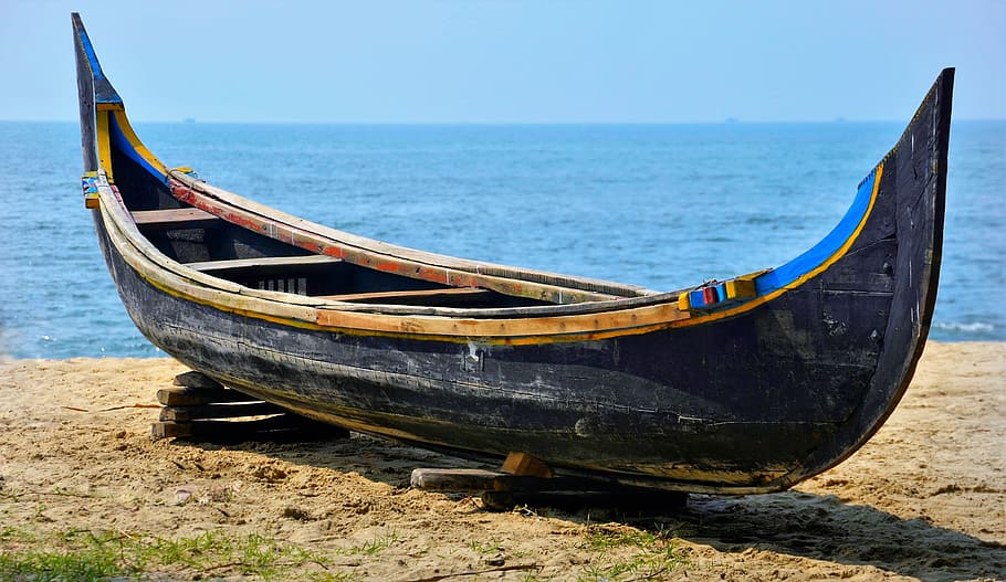 black wooden boat near shoreline, handmade, traditional, indian, HD wallpaper