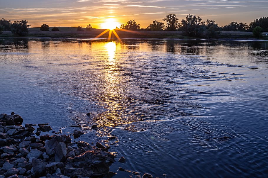 water, sunset, river, light, elbe, beauty in nature, scenics - nature HD wallpaper