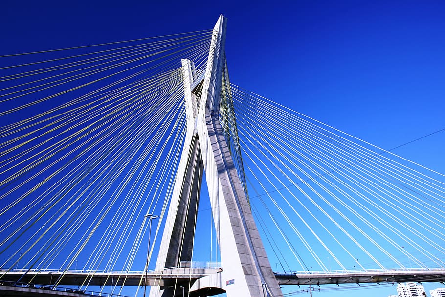white cable-stayed bridge under clear sky, são paulo, architecture HD wallpaper