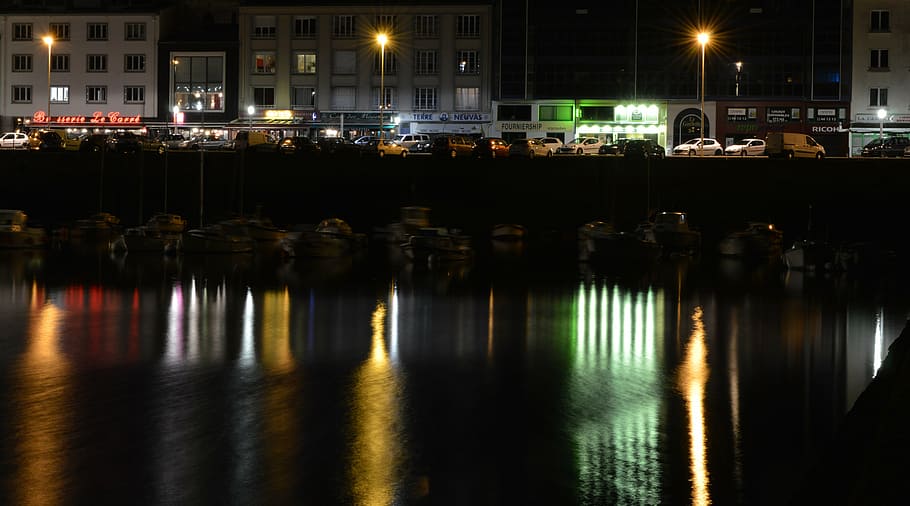 lights, port, reflection, night, luminous signs, brest, finistère HD wallpaper