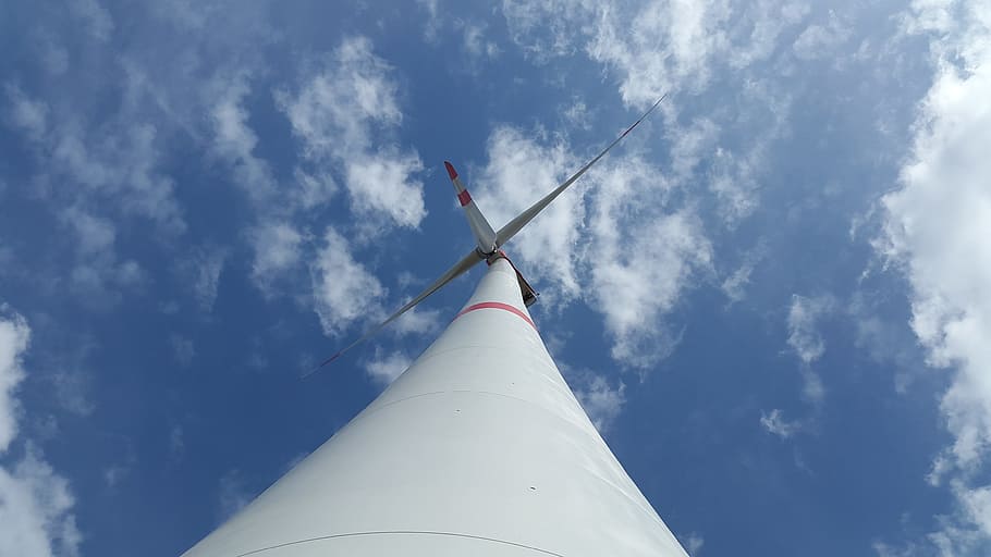 low angle photography of white and red wind mill at daytime, wind turbine, HD wallpaper