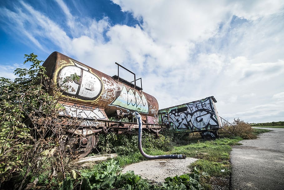 Rusted Wagon with Grafitti Art Alone in The Field, clouds, colorful HD wallpaper