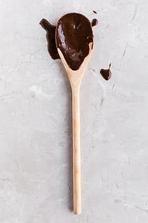 beige wooden ladle on white surface, chocolate, dip, laddle HD wallpaper
