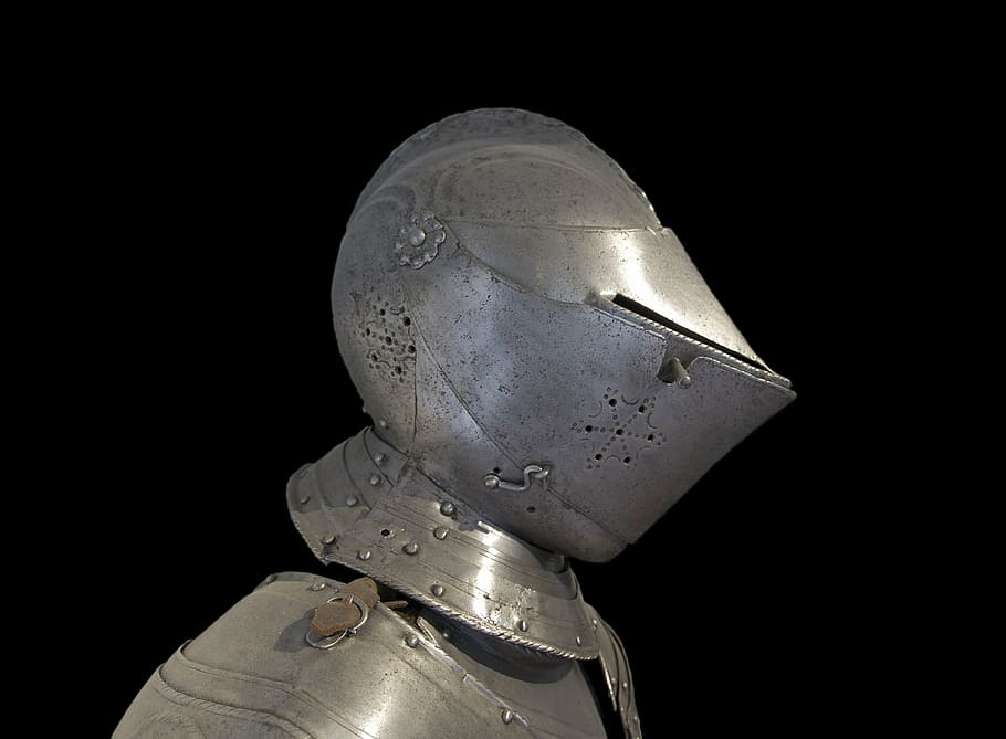 gray metal knight armor, helmet, armored, medieval, display, paris