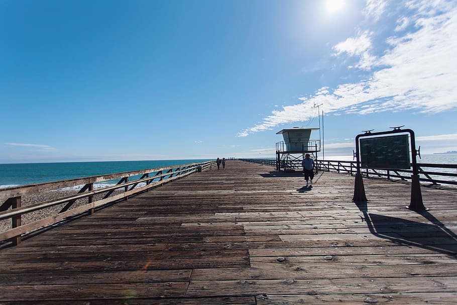 wood, pier, dock, beach, ocean, sea, sunshine, sunny, blue HD wallpaper