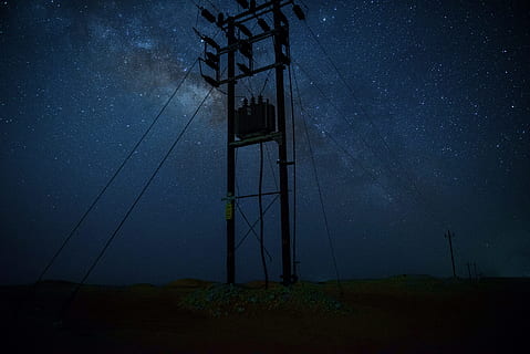 silhouette photography of post during starry night, closeup photo of utility pole with stargazing HD wallpaper