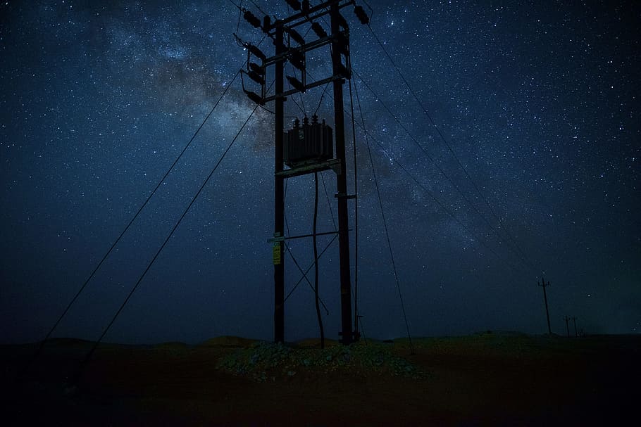 silhouette photography of post during starry night, closeup photo of utility pole with stargazing HD wallpaper