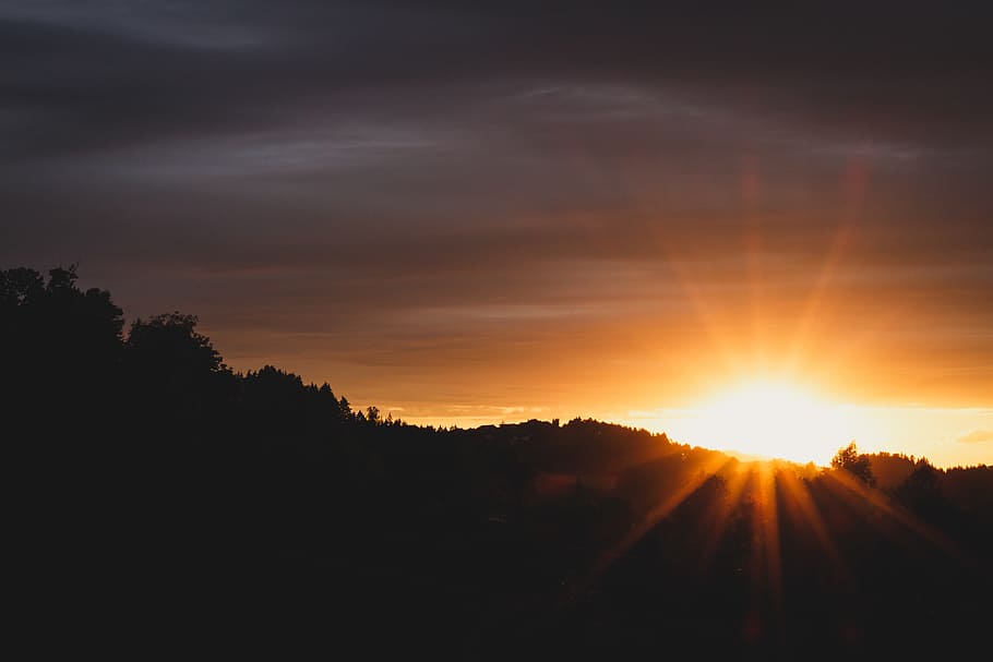 sunset, dusk, sky, clouds, silhouette, shadows, trees, mountains HD wallpaper